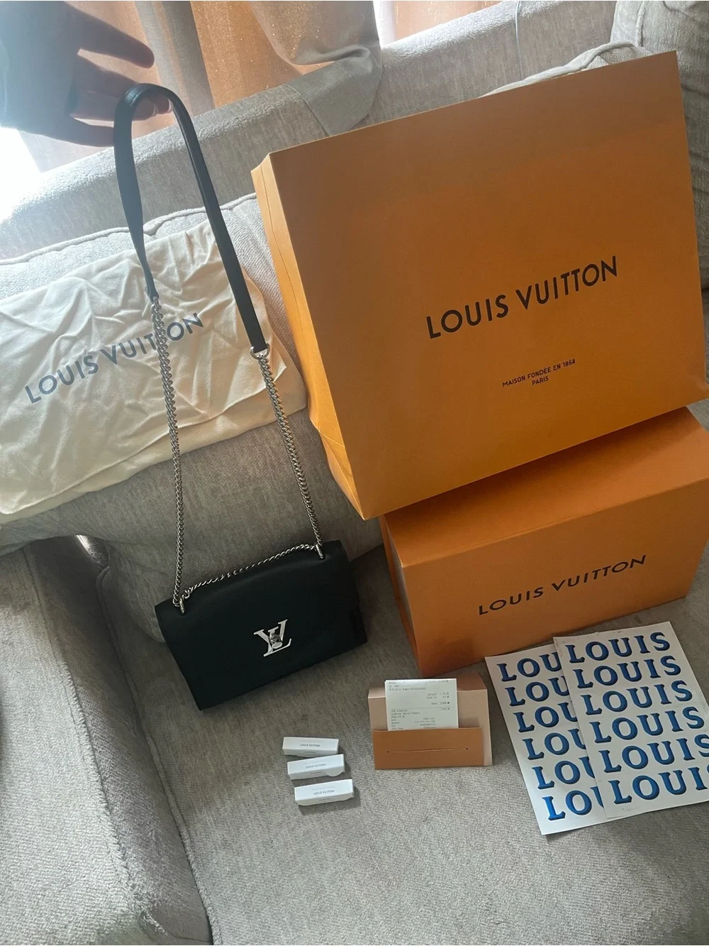 Louis Vuitton Black Leather Chain Shoulder Bag with Silver LV
